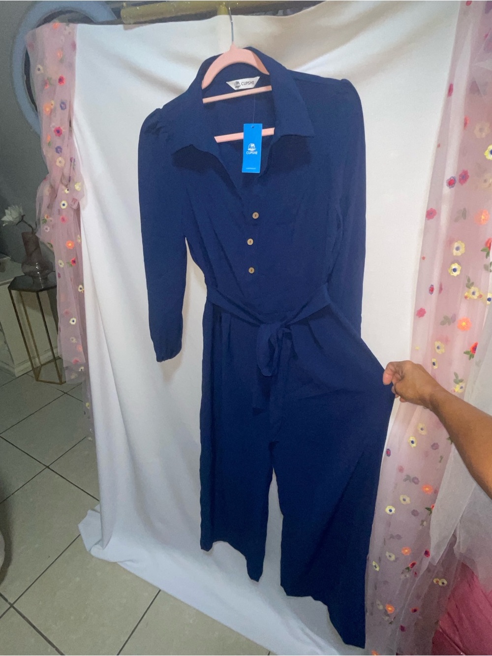 Cupshe Navy Button-Front Jumpsuit with Tie Waist